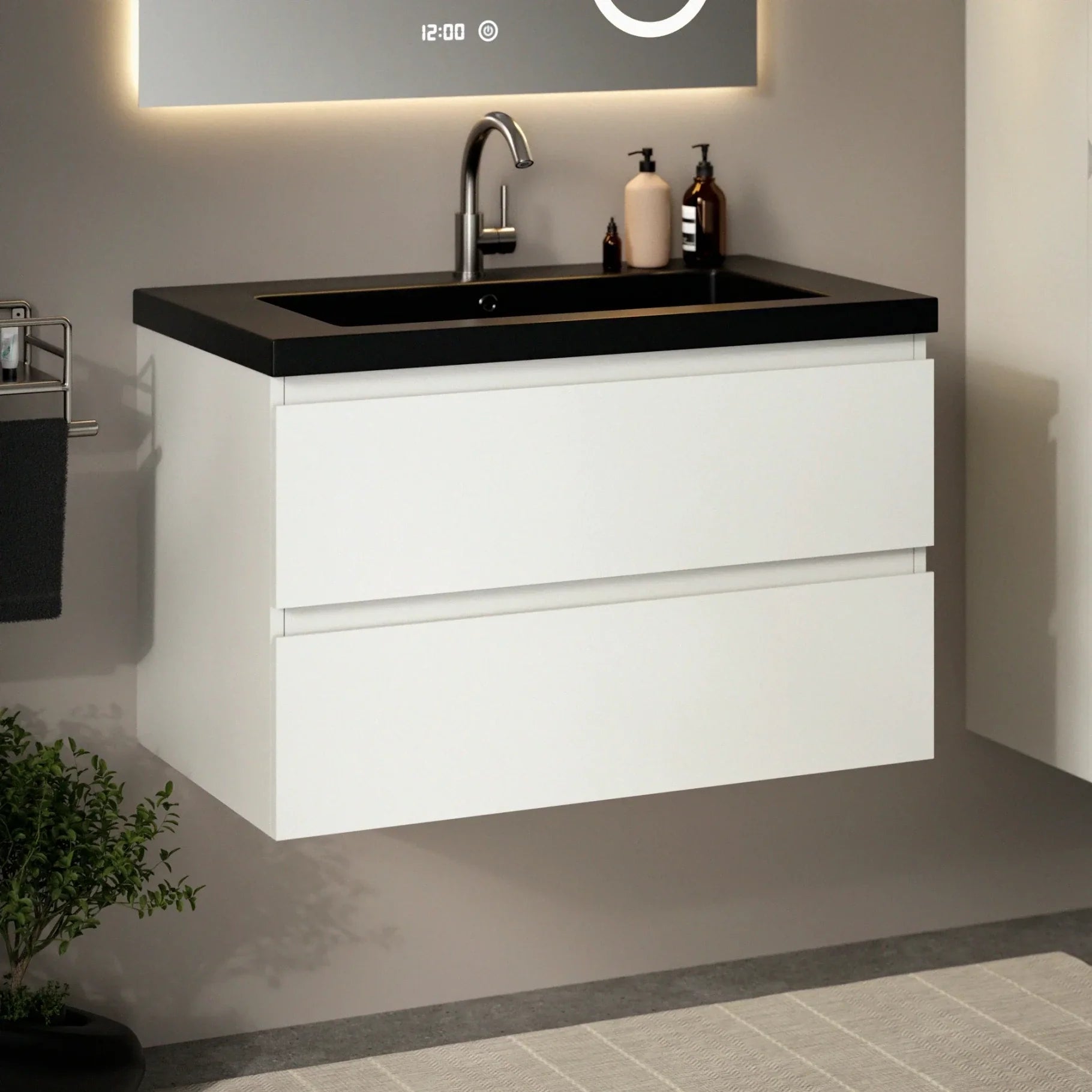 Badkamermeubel Sova - 80cm - Wit - Wastafel Zwart - PRE-ORDER