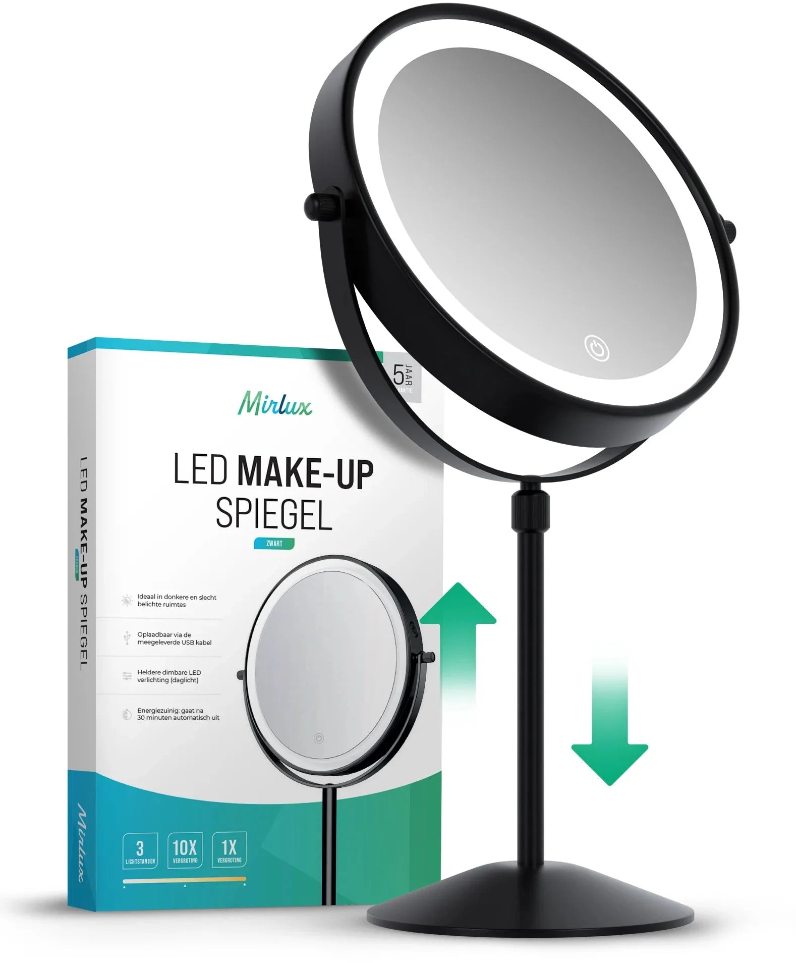 Make-Up Spiegel - Hoogte verstelbaar - Zwart - 1-10x Vergroting - PRE-ORDER