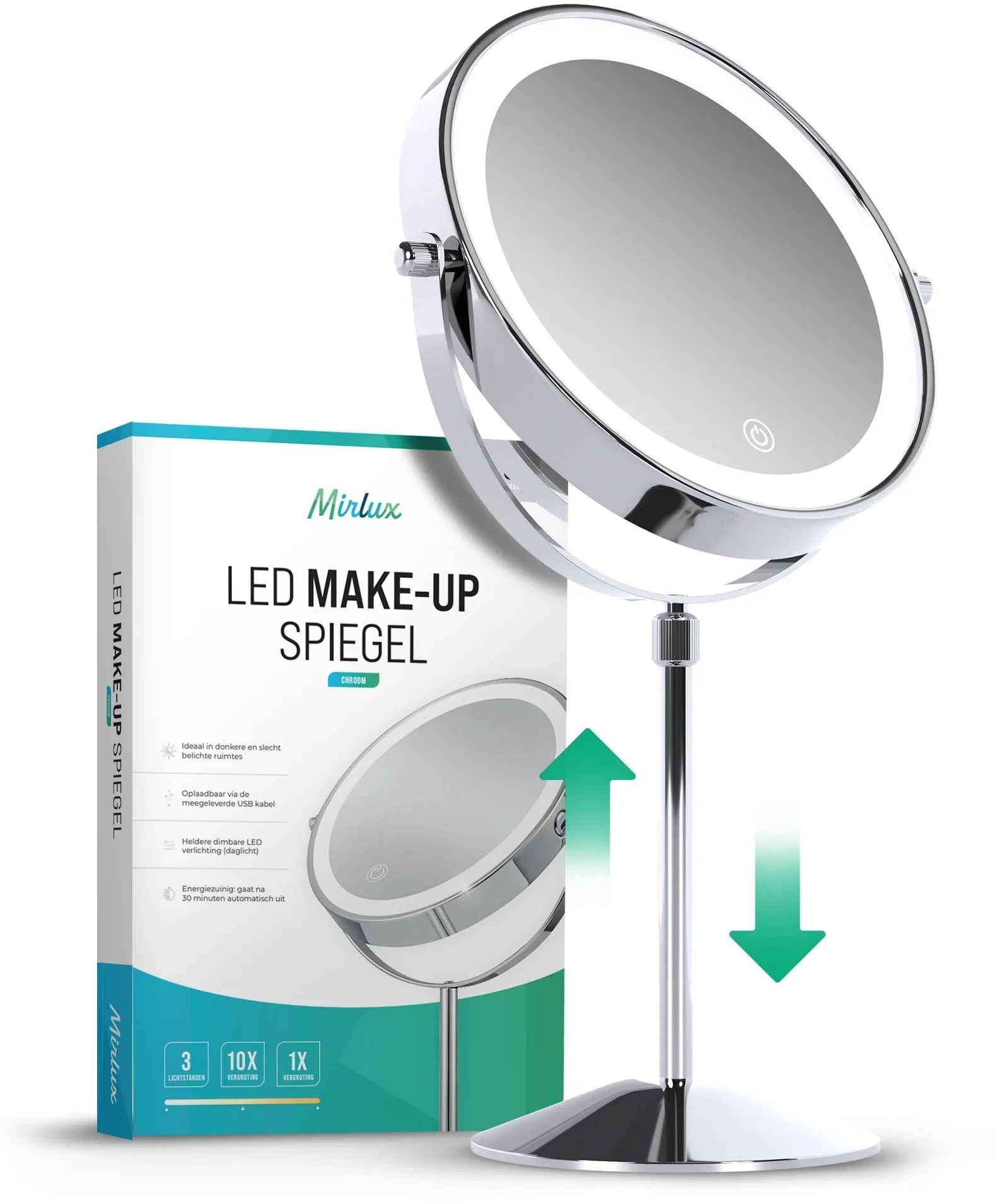 Make-Up Spiegel - Hoogte verstelbaar - Chrome - 1-10x Vergroting - PRE-ORDER