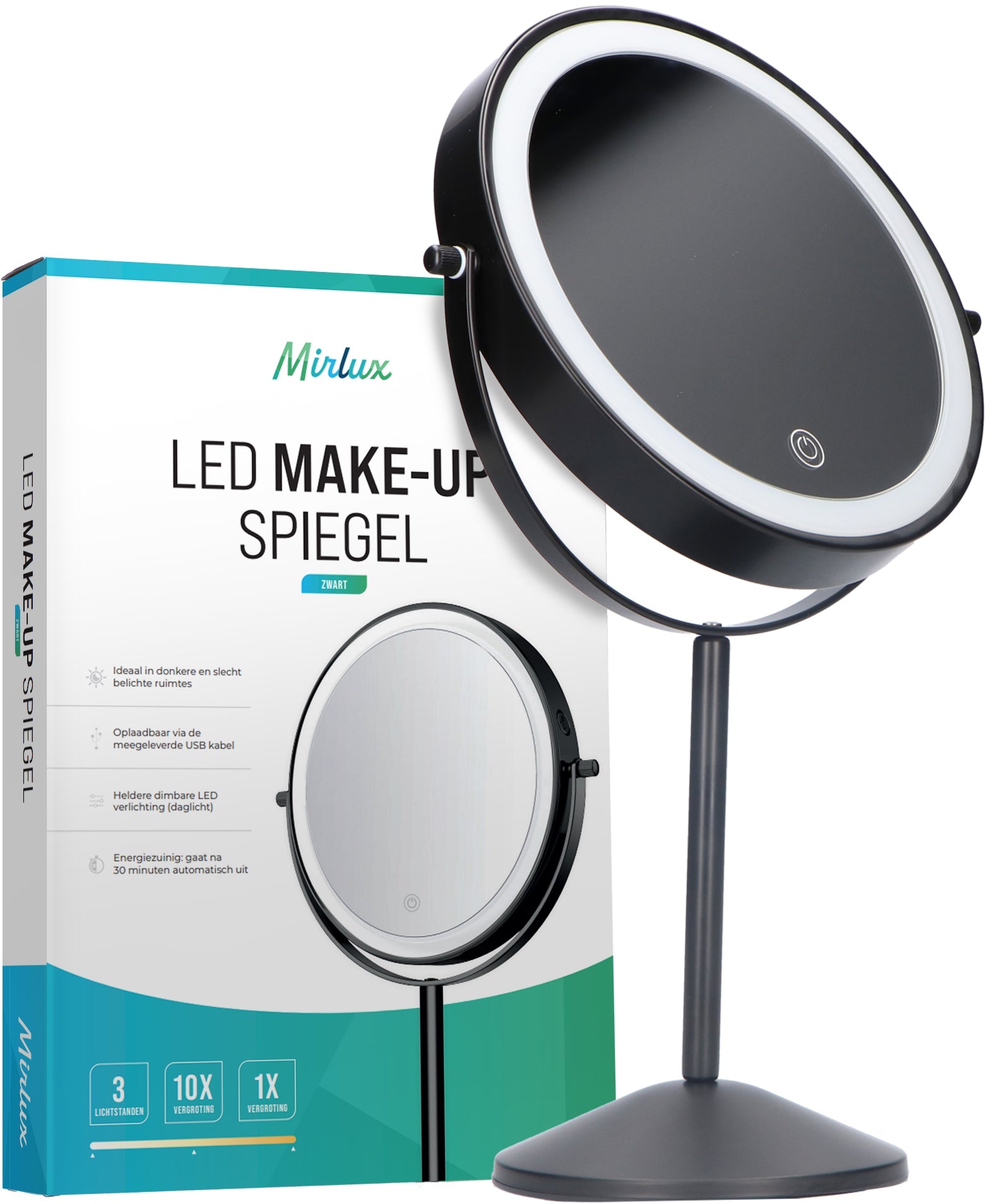 Make-Up Spiegel - Oplaadbaar - Zwart - 1-10x Vergroting - PRE-ORDER