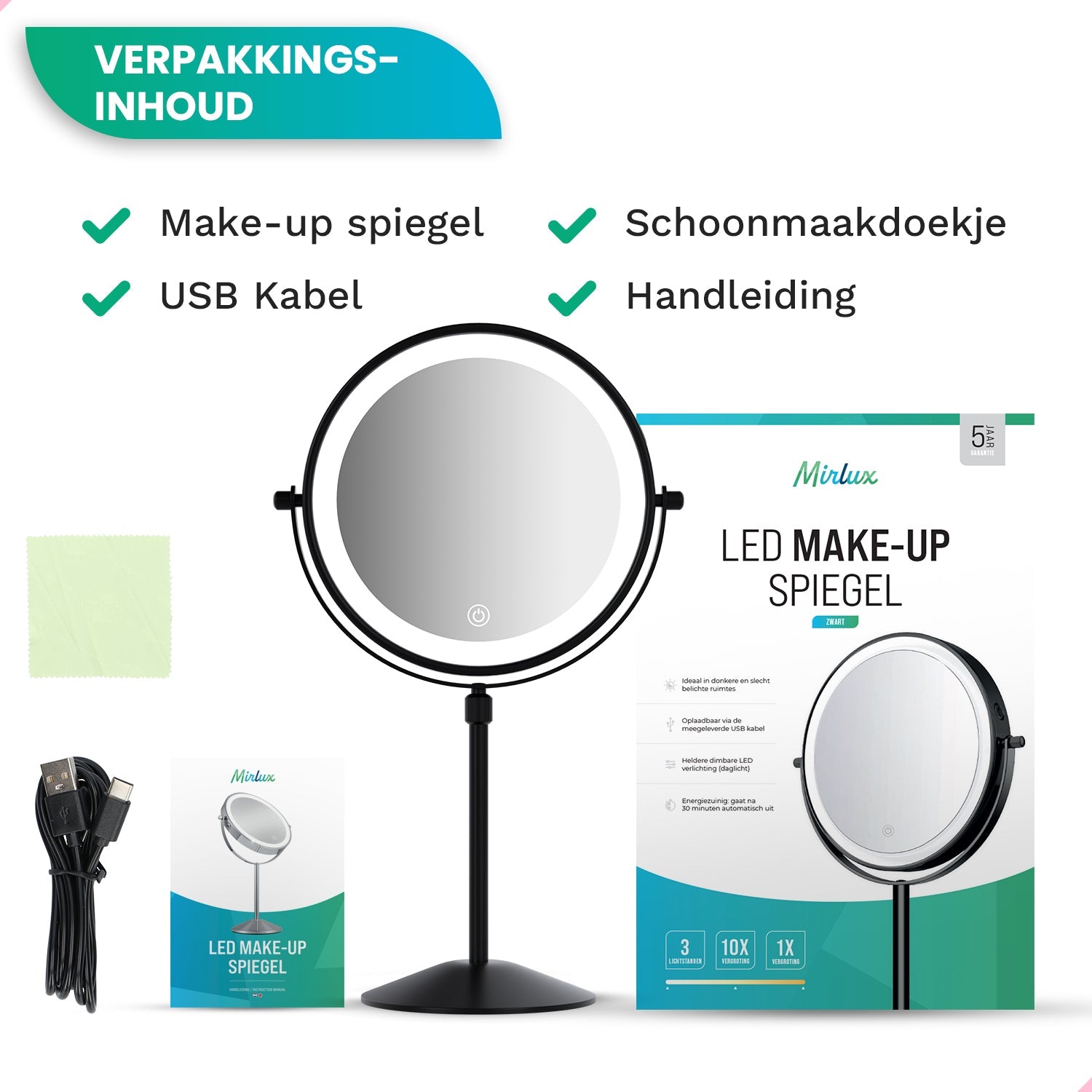 Make-Up Spiegel - Hoogte verstelbaar - Zwart - 1-10x Vergroting - PRE-ORDER