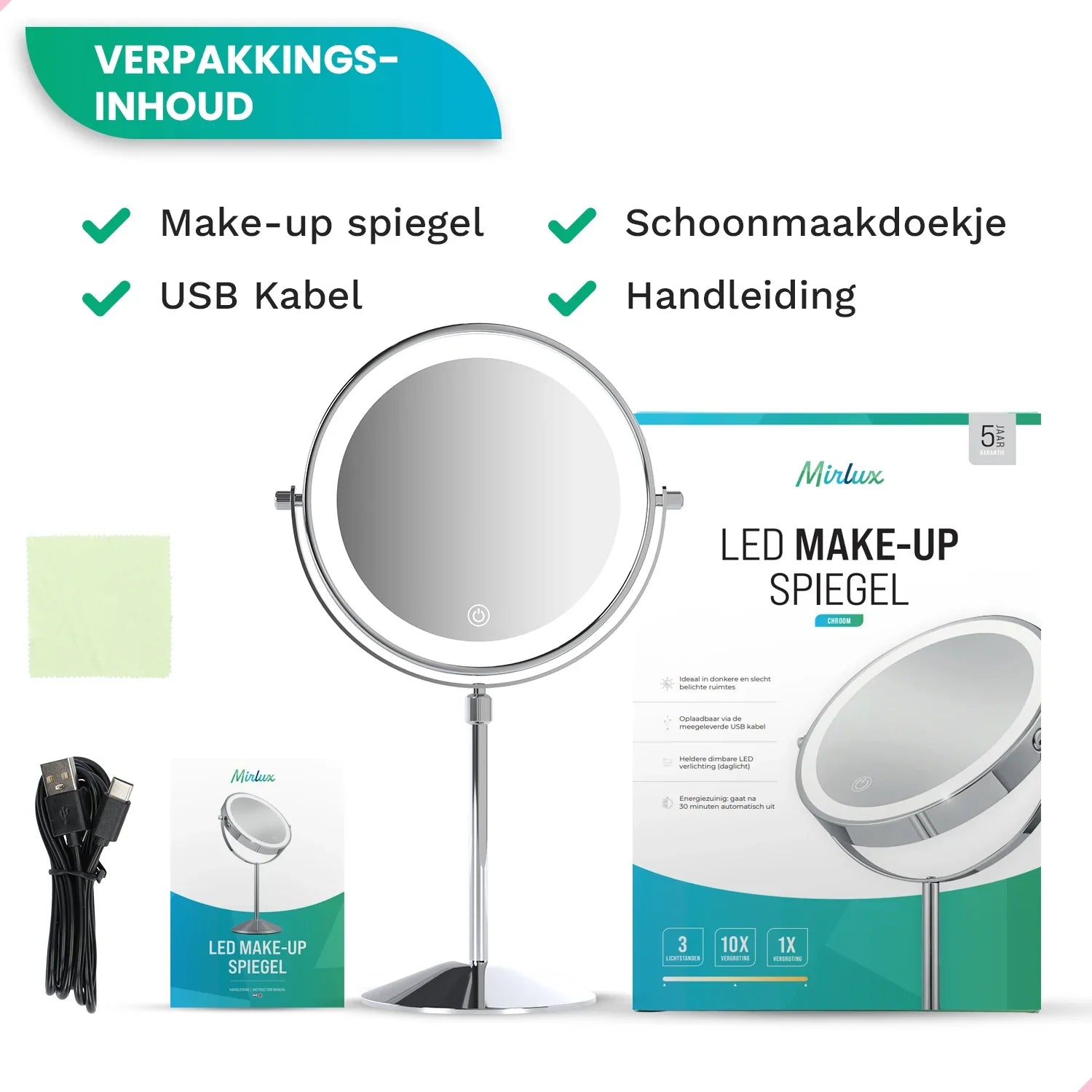 Make-Up Spiegel - Hoogte verstelbaar - Chrome - 1-10x Vergroting - PRE-ORDER