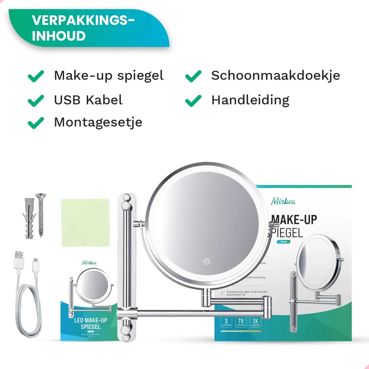 Make-Up Spiegel - Oplaadbaar - Chroom - 1-7x Vergroting - PRE-ORDER