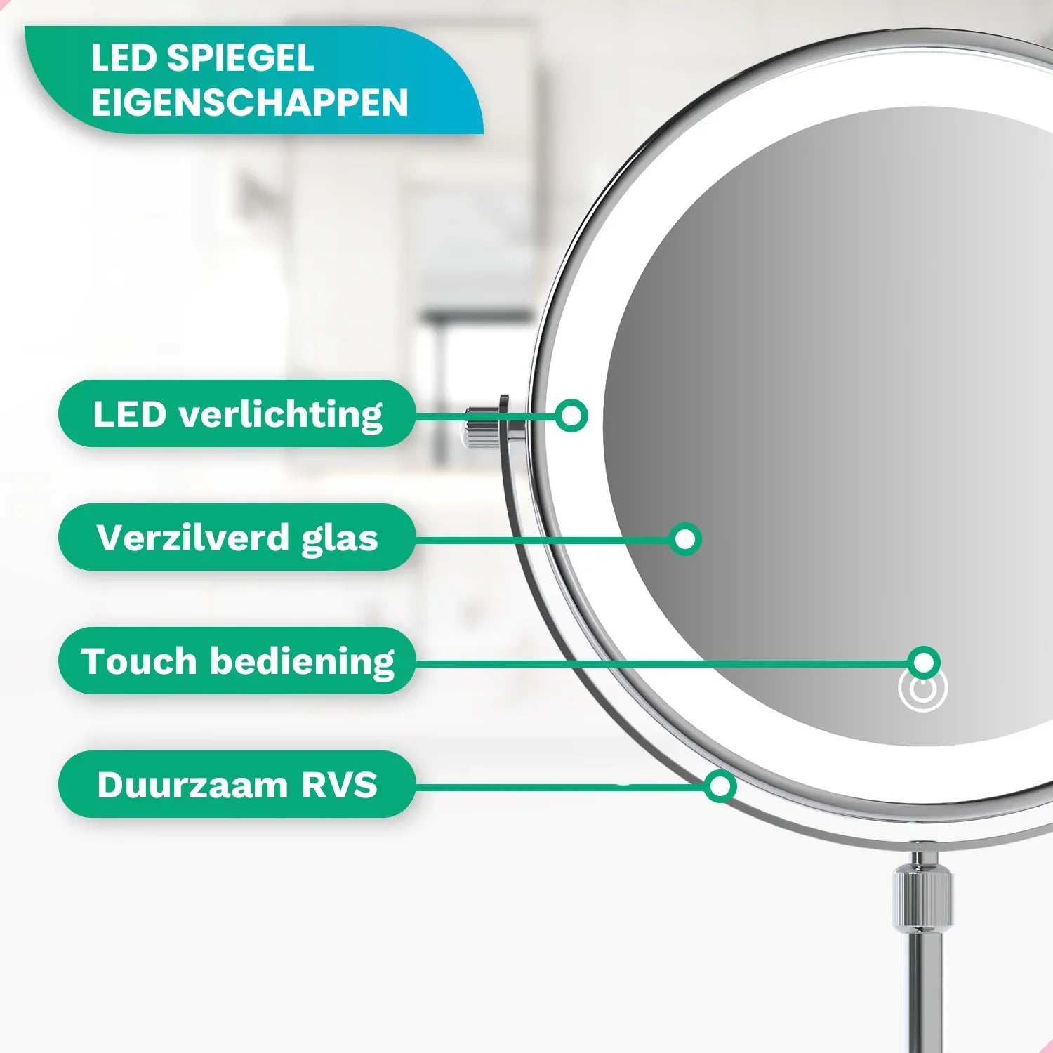 Make-Up Spiegel - Hoogte verstelbaar - Chrome - 1-10x Vergroting - PRE-ORDER