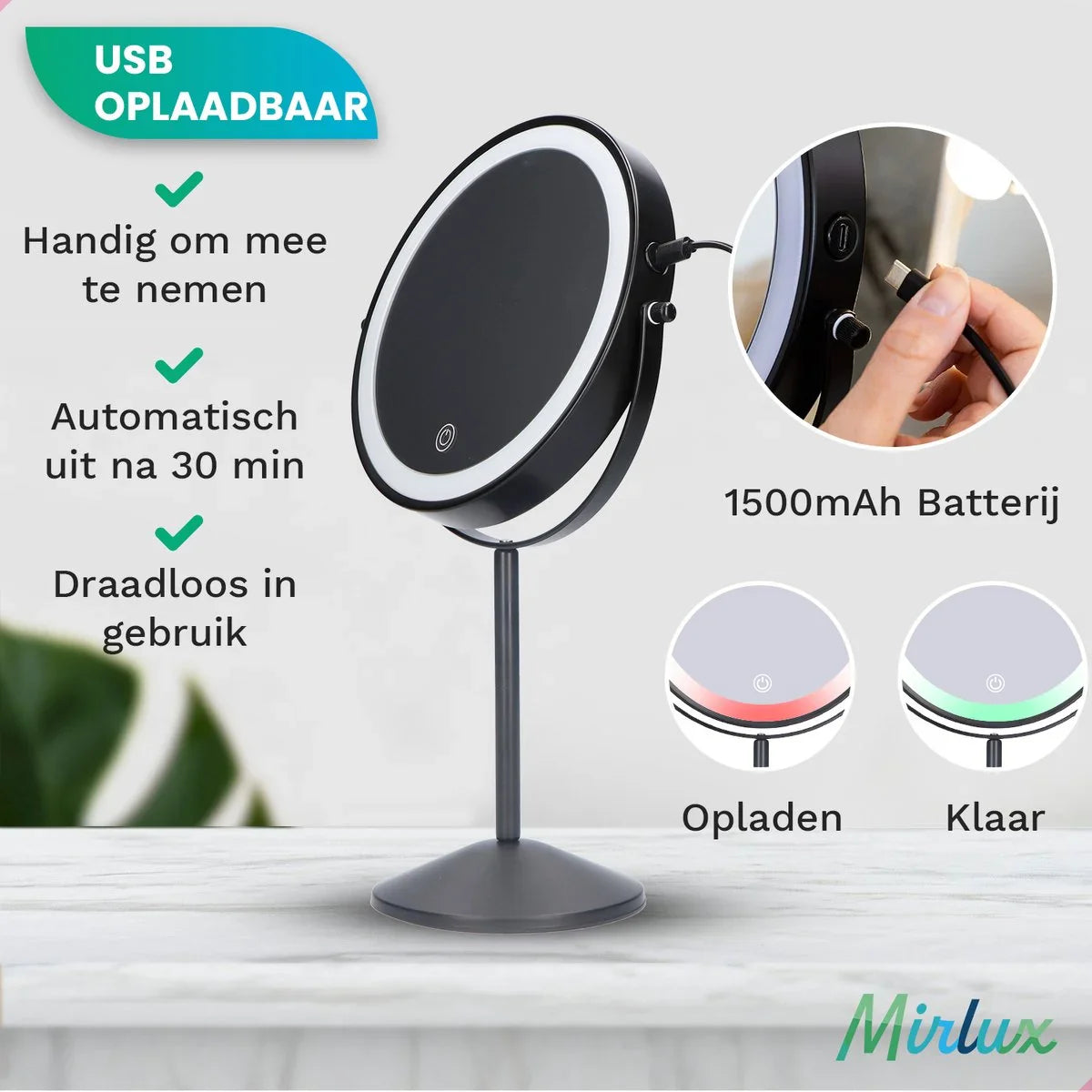 Make-Up Spiegel - Oplaadbaar - Zwart - 1-10x Vergroting - PRE-ORDER