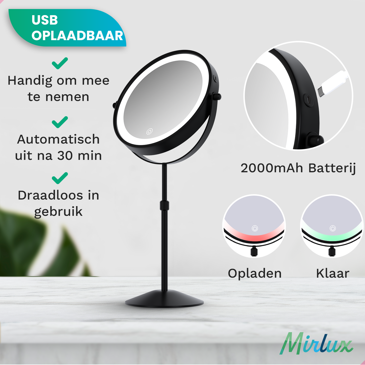 Make-Up Spiegel - Hoogte verstelbaar - Zwart - 1-10x Vergroting - PRE-ORDER