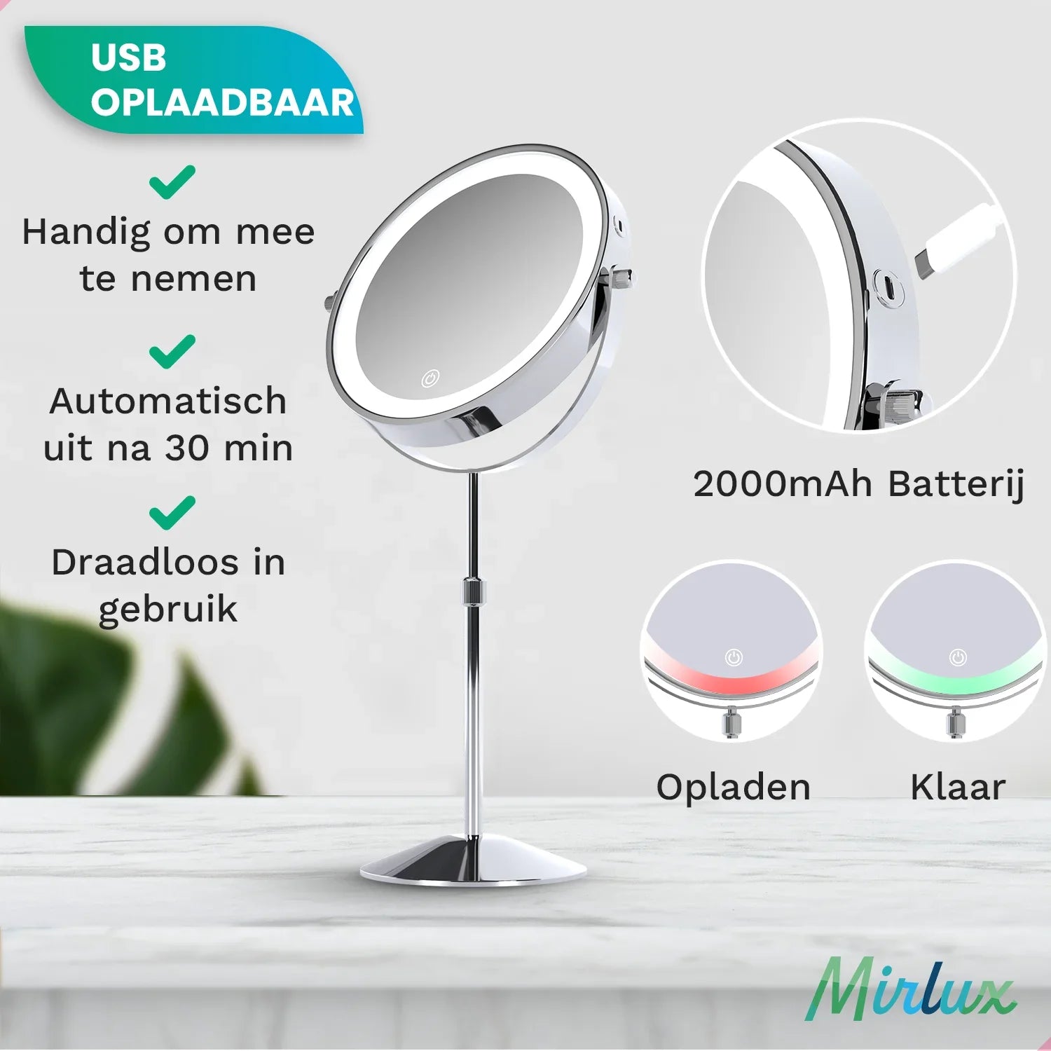 Make-Up Spiegel - Hoogte verstelbaar - Chrome - 1-10x Vergroting - PRE-ORDER