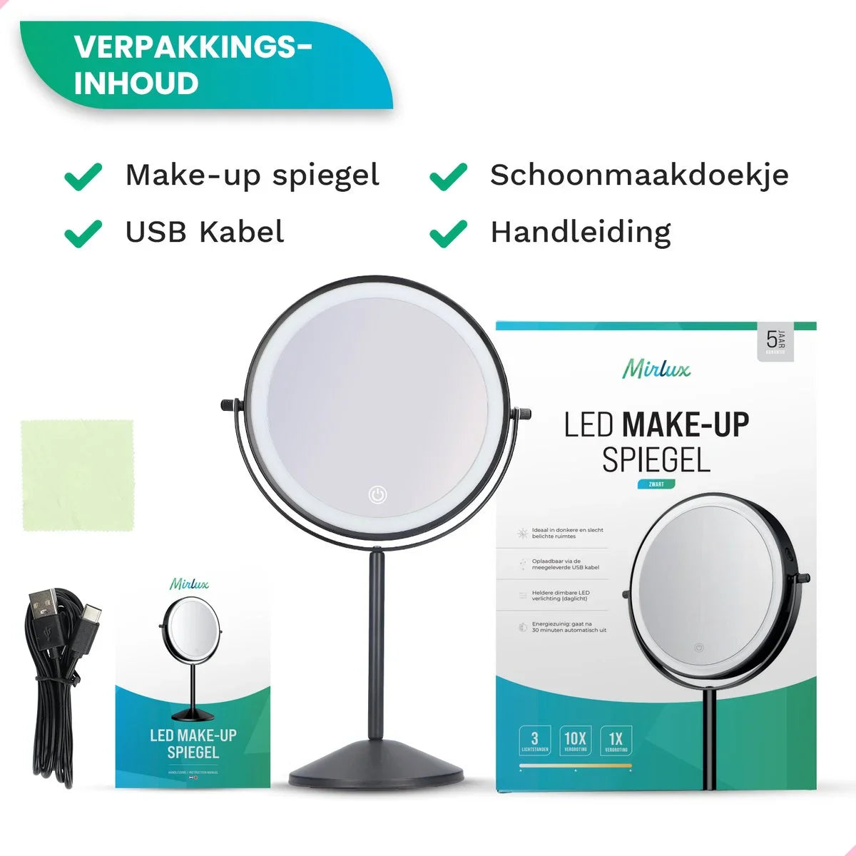 Make-Up Spiegel - Oplaadbaar - Zwart - 1-10x Vergroting - PRE-ORDER