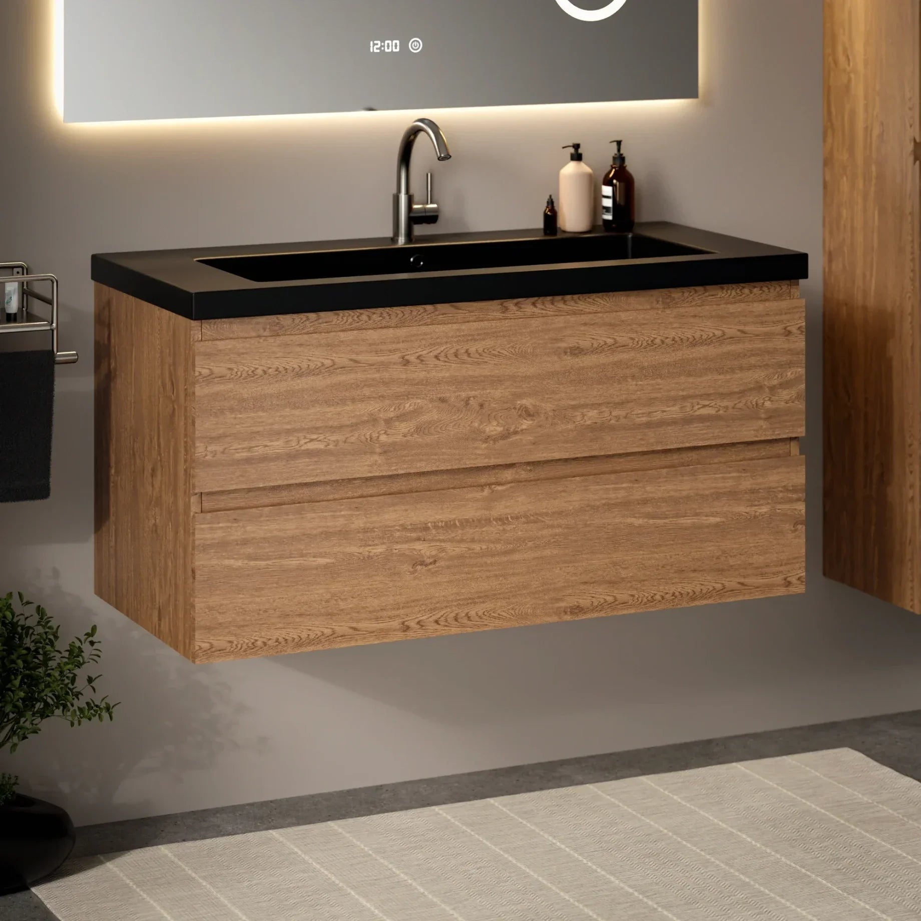 Badkamermeubel Sena - 100cm - Warm Eiken - Wastafel Zwart - PRE-ORDER