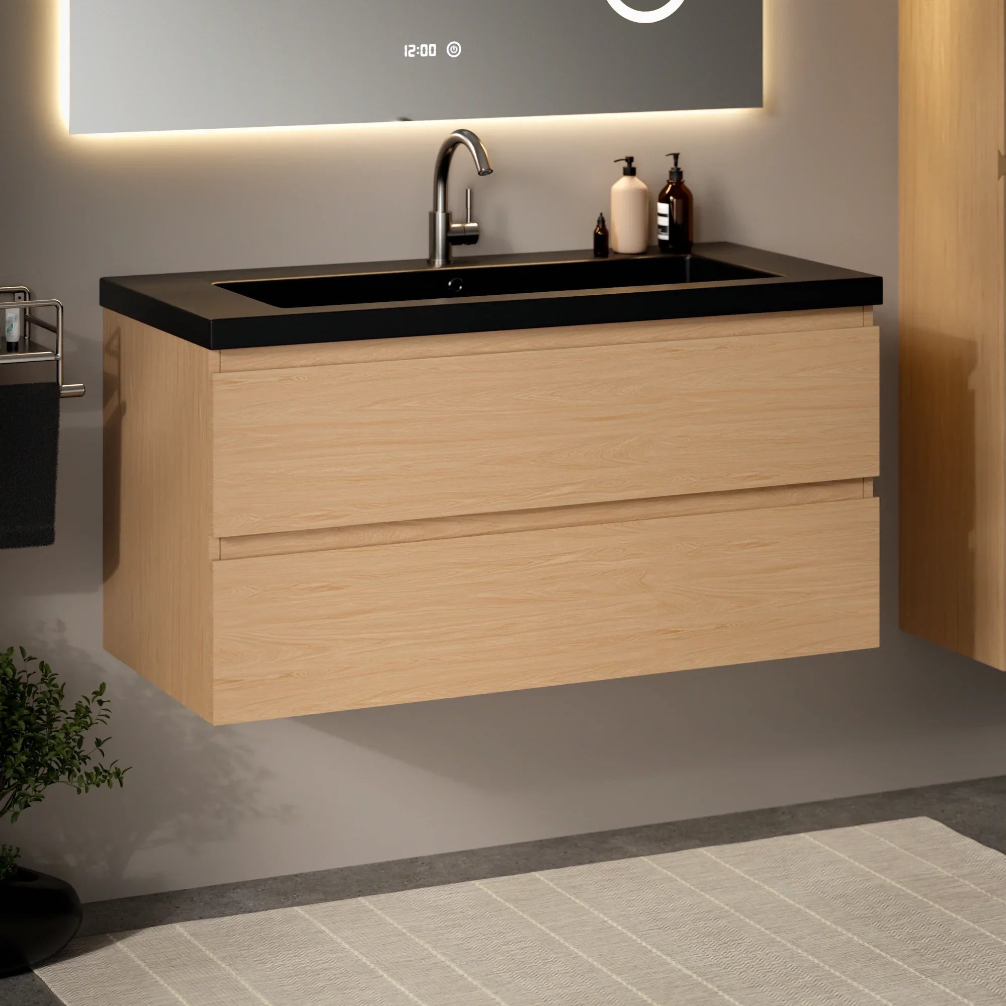 Badkamermeubel Sena - 100cm - Licht Eiken - Wastafel Zwart - PRE-ORDER